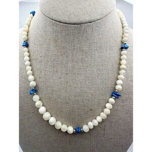 Vintage Mother Of Pearl Blue Stone Beaded Necklace 18”